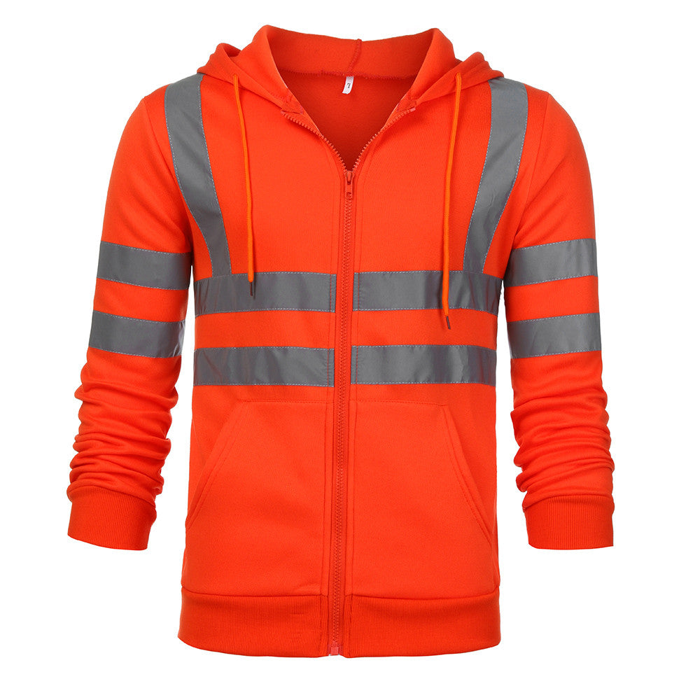 Men Reflective Stripe Hooded Jacket Patchwork Hoodies Road Work High Visibility Pullover Workwear