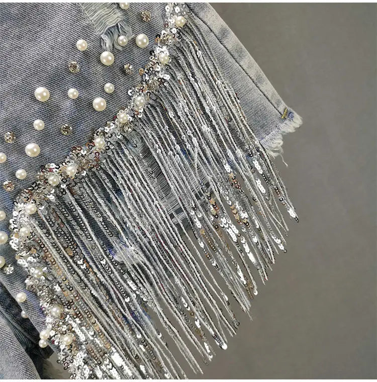 Elegant Shorts Lady Tassel Beading High Waist Wide Leg Denim Casual Solid Shorts Jeans
