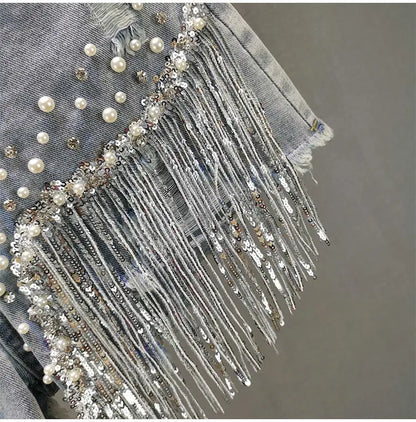 Elegant Shorts Lady Tassel Beading High Waist Wide Leg Denim Casual Solid Shorts Jeans
