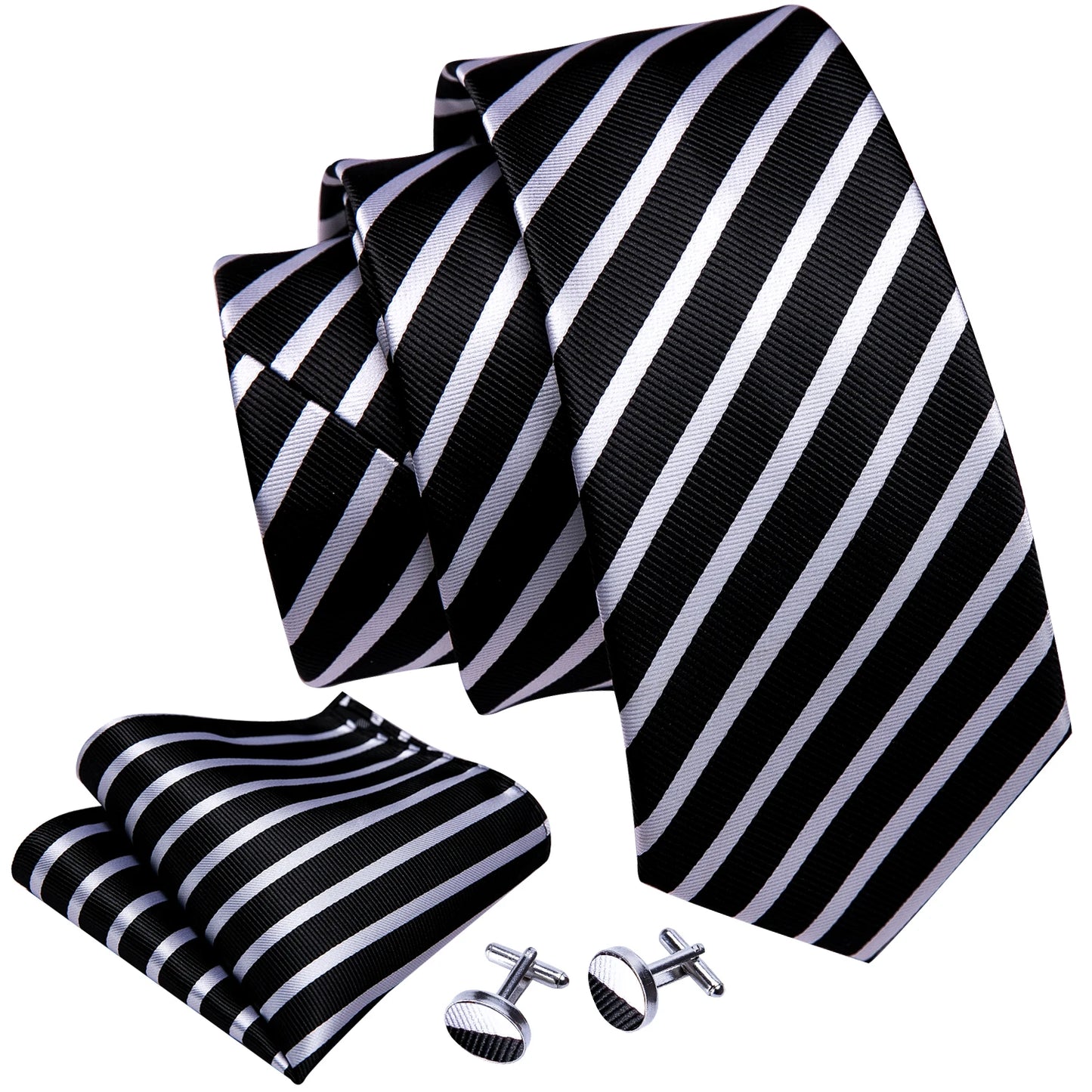 Black White Striped Men Tie Set Silk Jacquard Neckties Handkerchief Cufflink Tie Set Barry.Wang