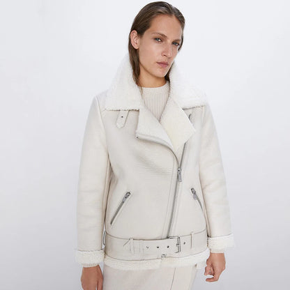 Thick and warm faux leather jacket Coat women's beige long-sleeved belt jacket women 2025 winter fashion new streetwear Tops