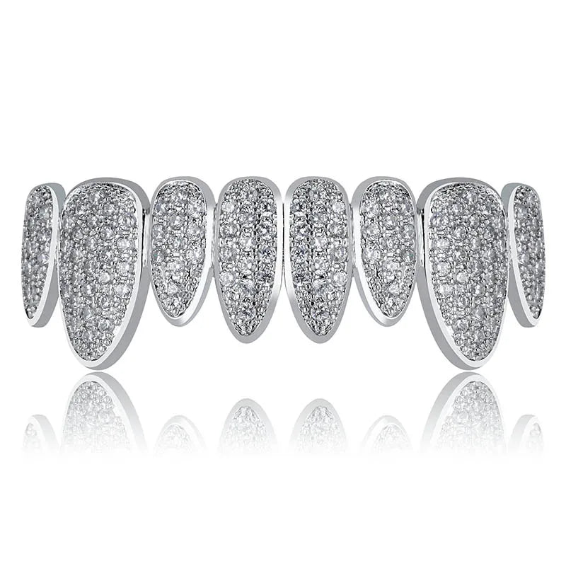 Silver Color Iced Out Gold Grillz Crystal Jewelry Top Bottom Grills 8Teeth Body Jewelry Hip Hop Bling AAA Cubic Zircon Men