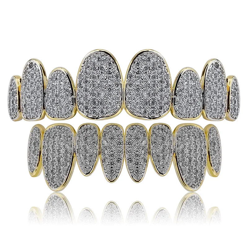 Silver Color Iced Out Gold Grillz Crystal Jewelry Top Bottom Grills 8Teeth Body Jewelry Hip Hop Bling AAA Cubic Zircon Men