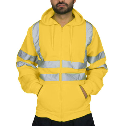 Men Reflective Stripe Hooded Jacket Patchwork Hoodies Road Work High Visibility Pullover Workwear