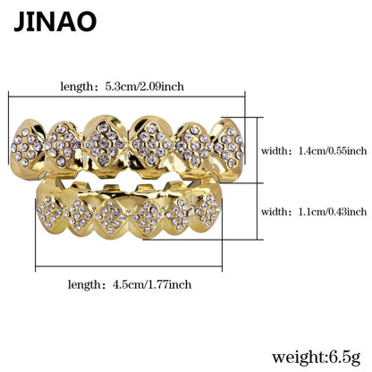 Gold Color Plated Iced Out Crystal Top & Bottom Teeth Grillz With Silicone