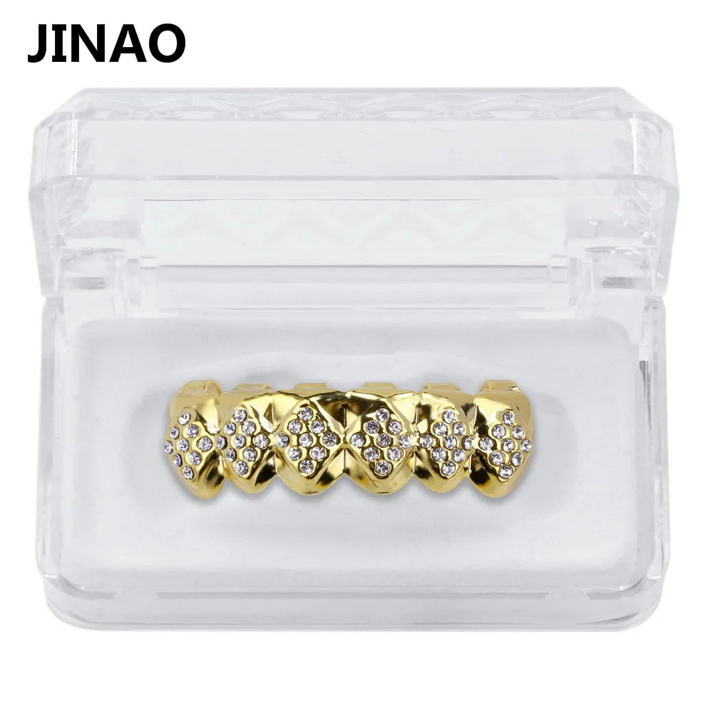 Gold Color Plated Iced Out Crystal Top & Bottom Teeth Grillz With Silicone