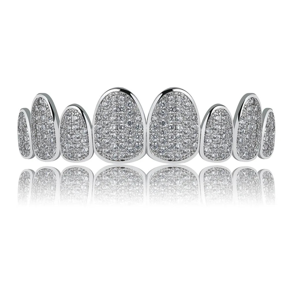 Silver Color Iced Out Gold Grillz Crystal Jewelry Top Bottom Grills 8Teeth Body Jewelry Hip Hop Bling AAA Cubic Zircon Men