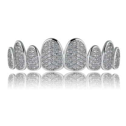 Silver Color Iced Out Gold Grillz Crystal Jewelry Top Bottom Grills 8Teeth Body Jewelry Hip Hop Bling AAA Cubic Zircon Men