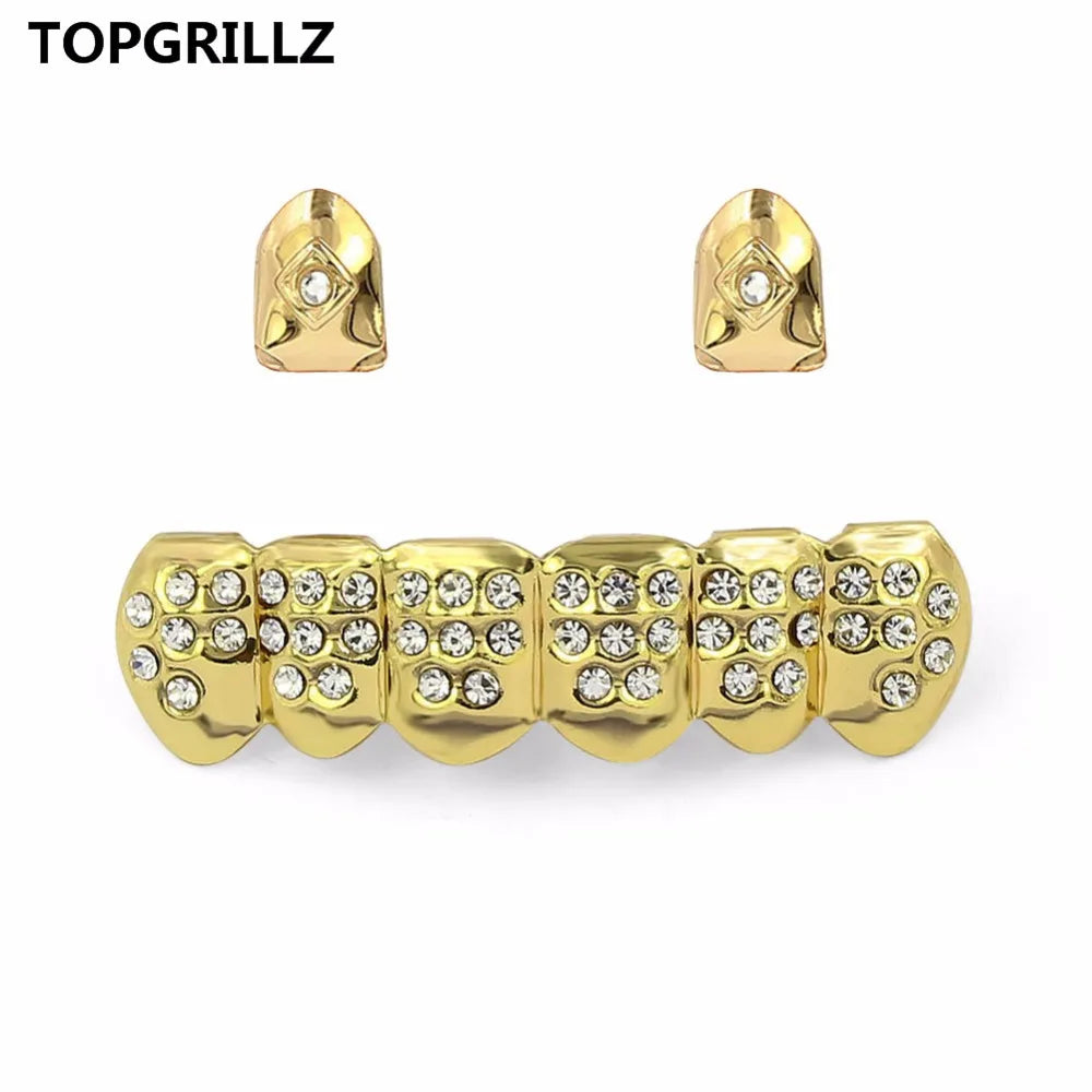 Yellow Gold Color Plated  2 Single Top Teeth Grillz Cap Tooth Grills Two Lines Bottom Hip Hop
