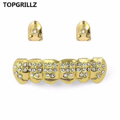 Yellow Gold Color Plated  2 Single Top Teeth Grillz Cap Tooth Grills Two Lines Bottom Hip Hop