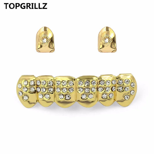 Yellow Gold Color Plated  2 Single Top Teeth Grillz Cap Tooth Grills Two Lines Bottom Hip Hop