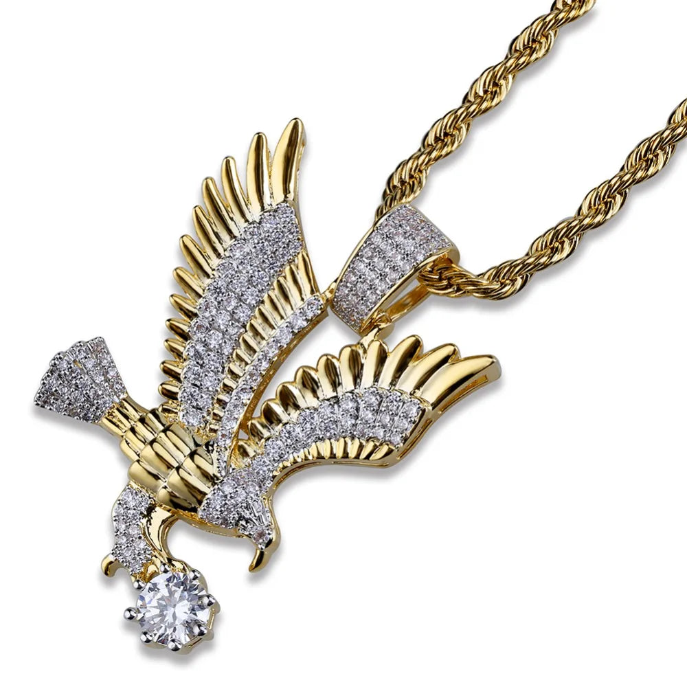 Hip Hop Gold Color Plated Copper Iced Out CZ Eagle Pendant Necklace Charm Franco Chain / 24inch / United States Franco Chain / 20inch / United States 