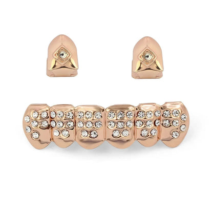 Yellow Gold Color Plated  2 Single Top Teeth Grillz Cap Tooth Grills Two Lines Bottom Hip Hop