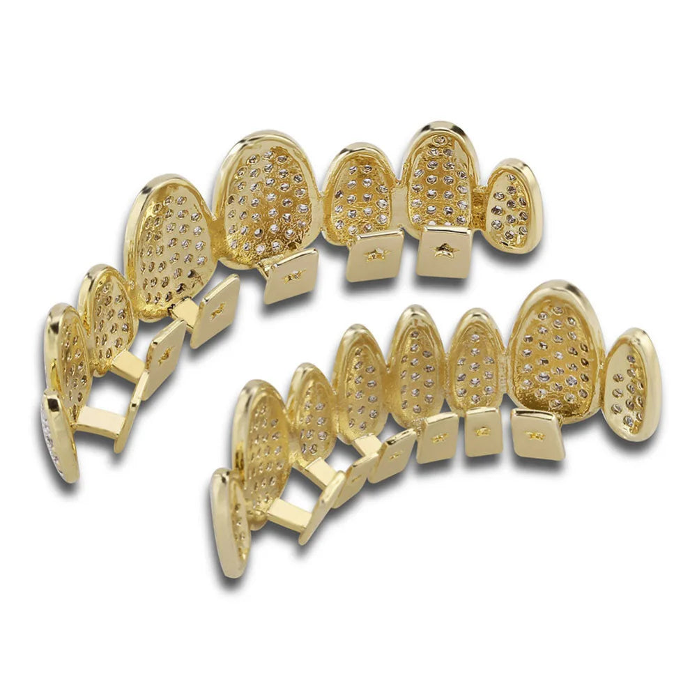 Silver Color Iced Out Gold Grillz Crystal Jewelry Top Bottom Grills 8Teeth Body Jewelry Hip Hop Bling AAA Cubic Zircon Men