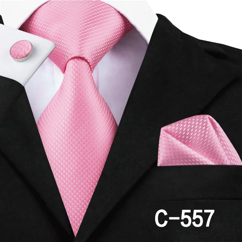 Coral 8.5cm Men's Ties Hanky Cufflinks Set Silk Tie For Men Pink Plaid Coral Luxury Wedding Party