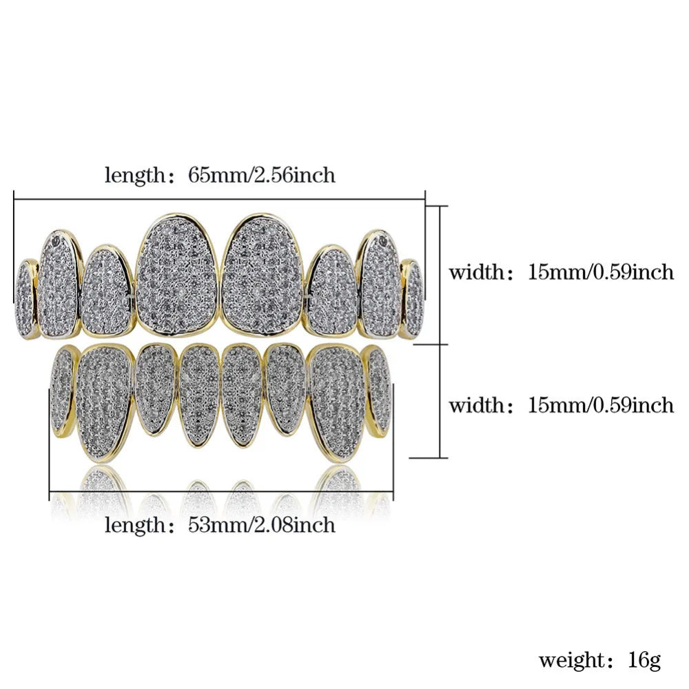 Silver Color Iced Out Gold Grillz Crystal Jewelry Top Bottom Grills 8Teeth Body Jewelry Hip Hop Bling AAA Cubic Zircon Men