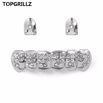Yellow Gold Color Plated  2 Single Top Teeth Grillz Cap Tooth Grills Two Lines Bottom Hip Hop
