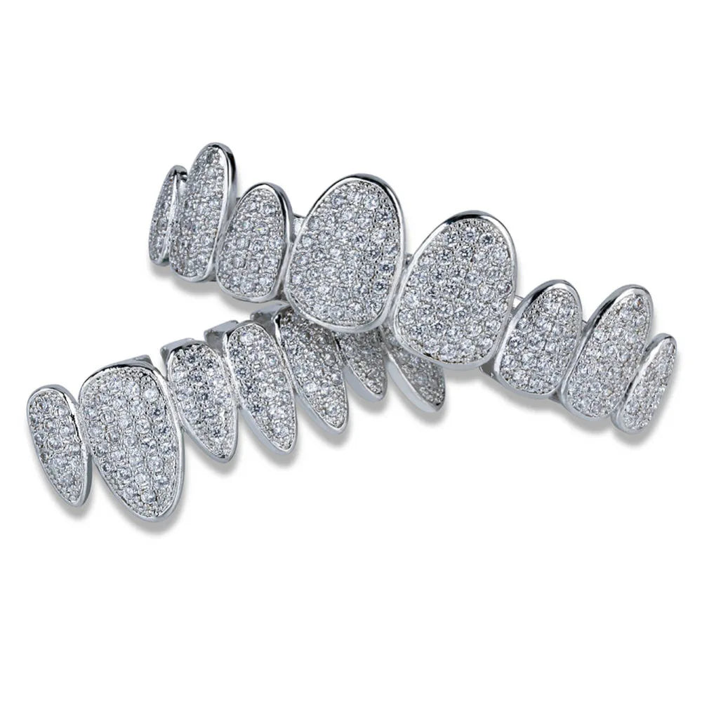 Silver Color Iced Out Gold Grillz Crystal Jewelry Top Bottom Grills 8Teeth Body Jewelry Hip Hop Bling AAA Cubic Zircon Men