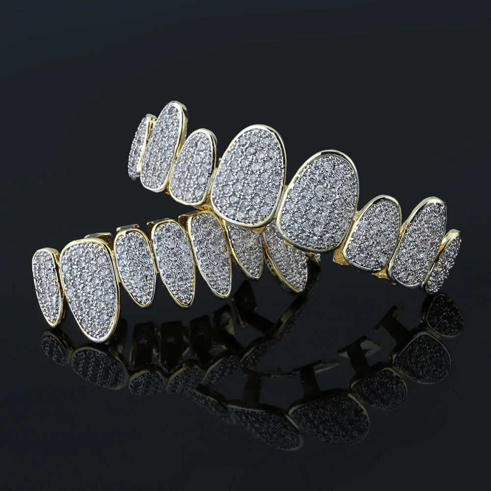 Silver Color Iced Out Gold Grillz Crystal Jewelry Top Bottom Grills 8Teeth Body Jewelry Hip Hop Bling AAA Cubic Zircon Men