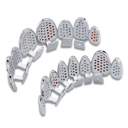 Silver Color Iced Out Gold Grillz Crystal Jewelry Top Bottom Grills 8Teeth Body Jewelry Hip Hop Bling AAA Cubic Zircon Men