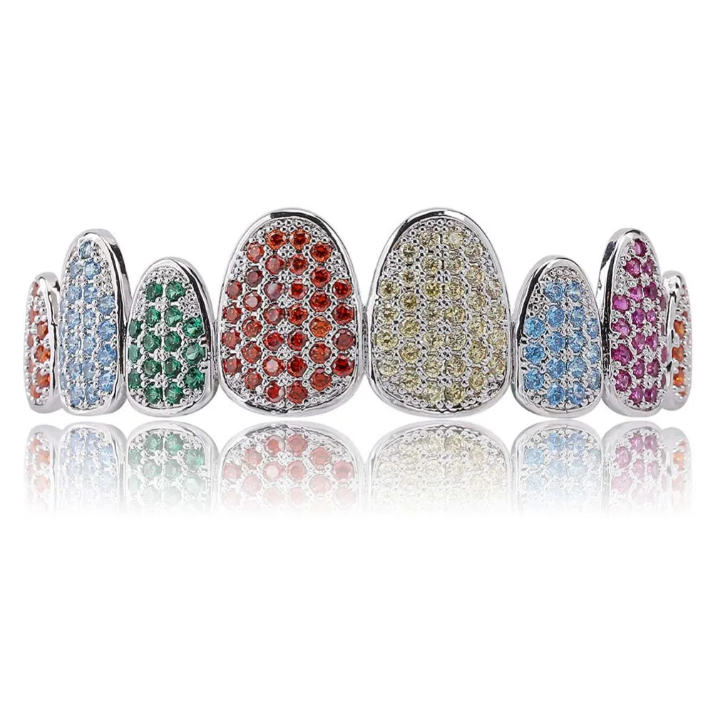 Silver Color Iced Out Gold Grillz Crystal Jewelry Top Bottom Grills 8Teeth Body Jewelry Hip Hop Bling AAA Cubic Zircon Men