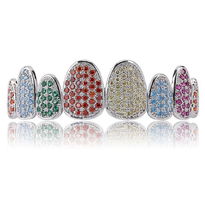Silver Color Iced Out Gold Grillz Crystal Jewelry Top Bottom Grills 8Teeth Body Jewelry Hip Hop Bling AAA Cubic Zircon Men