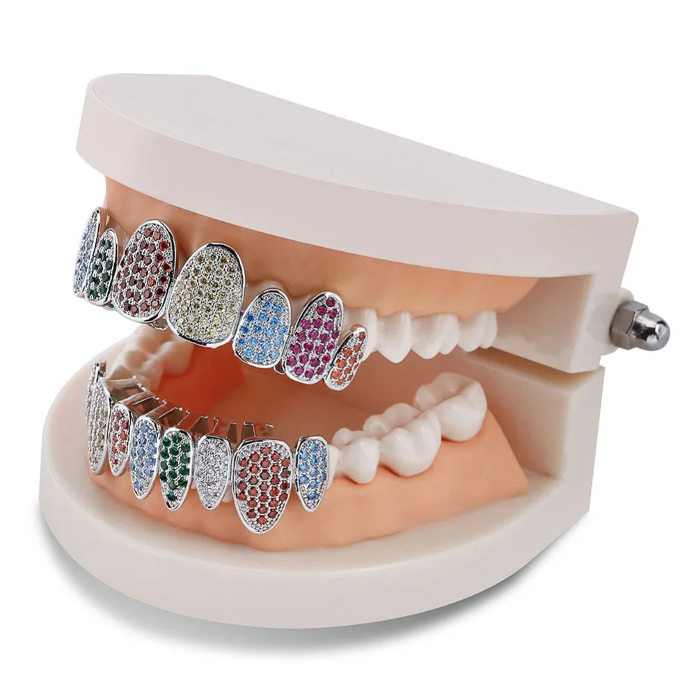 Silver Color Iced Out Gold Grillz Crystal Jewelry Top Bottom Grills 8Teeth Body Jewelry Hip Hop Bling AAA Cubic Zircon Men