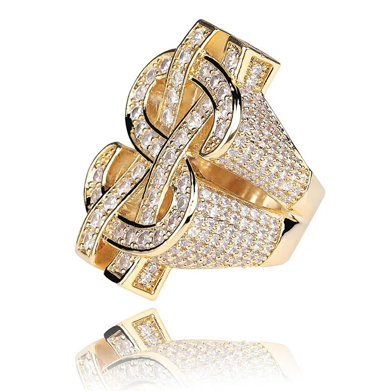 Iced Out Bling Gold Silver Color US Dollar Sign Cubic Zircon Hip Hop Ring for Men Silver / 9 / United States Silver / 8 / United States 