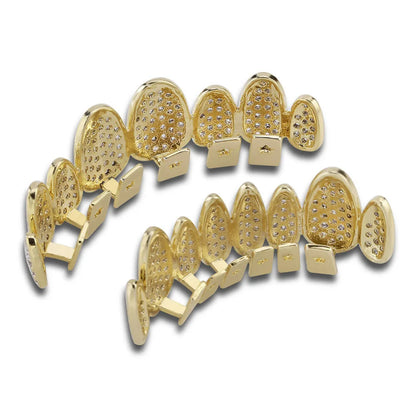 Silver Color Iced Out Gold Grillz Crystal Jewelry Top Bottom Grills 8Teeth Body Jewelry Hip Hop Bling AAA Cubic Zircon Men