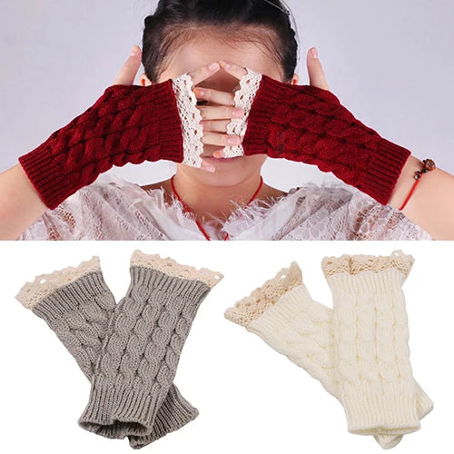 Lace Patchwork Embroidered Gloves  Coldproof Fashion Warm Soild Fingerless Glove