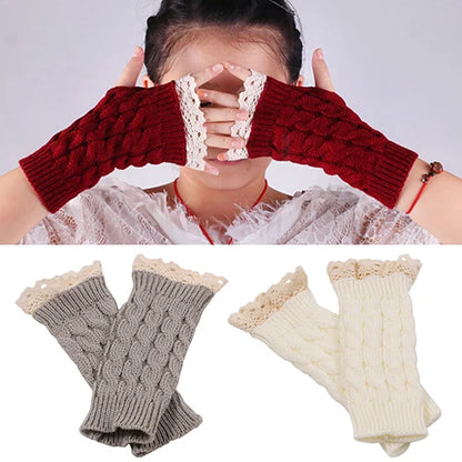 Lace Patchwork Embroidered Gloves  Coldproof Fashion Warm Soild Fingerless Glove