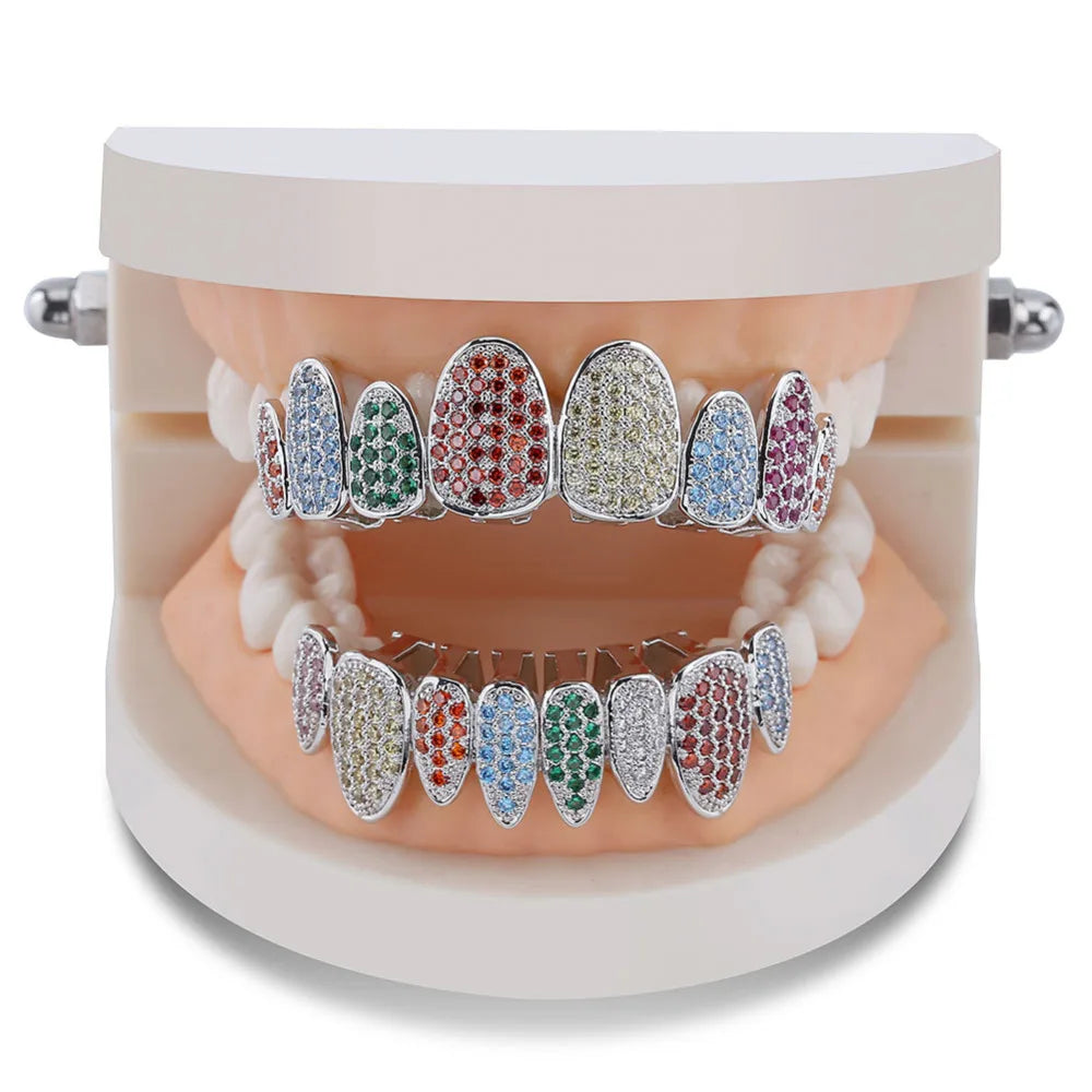 Silver Color Iced Out Gold Grillz Crystal Jewelry Top Bottom Grills 8Teeth Body Jewelry Hip Hop Bling AAA Cubic Zircon Men