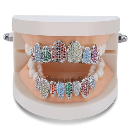 Silver Color Iced Out Gold Grillz Crystal Jewelry Top Bottom Grills 8Teeth Body Jewelry Hip Hop Bling AAA Cubic Zircon Men