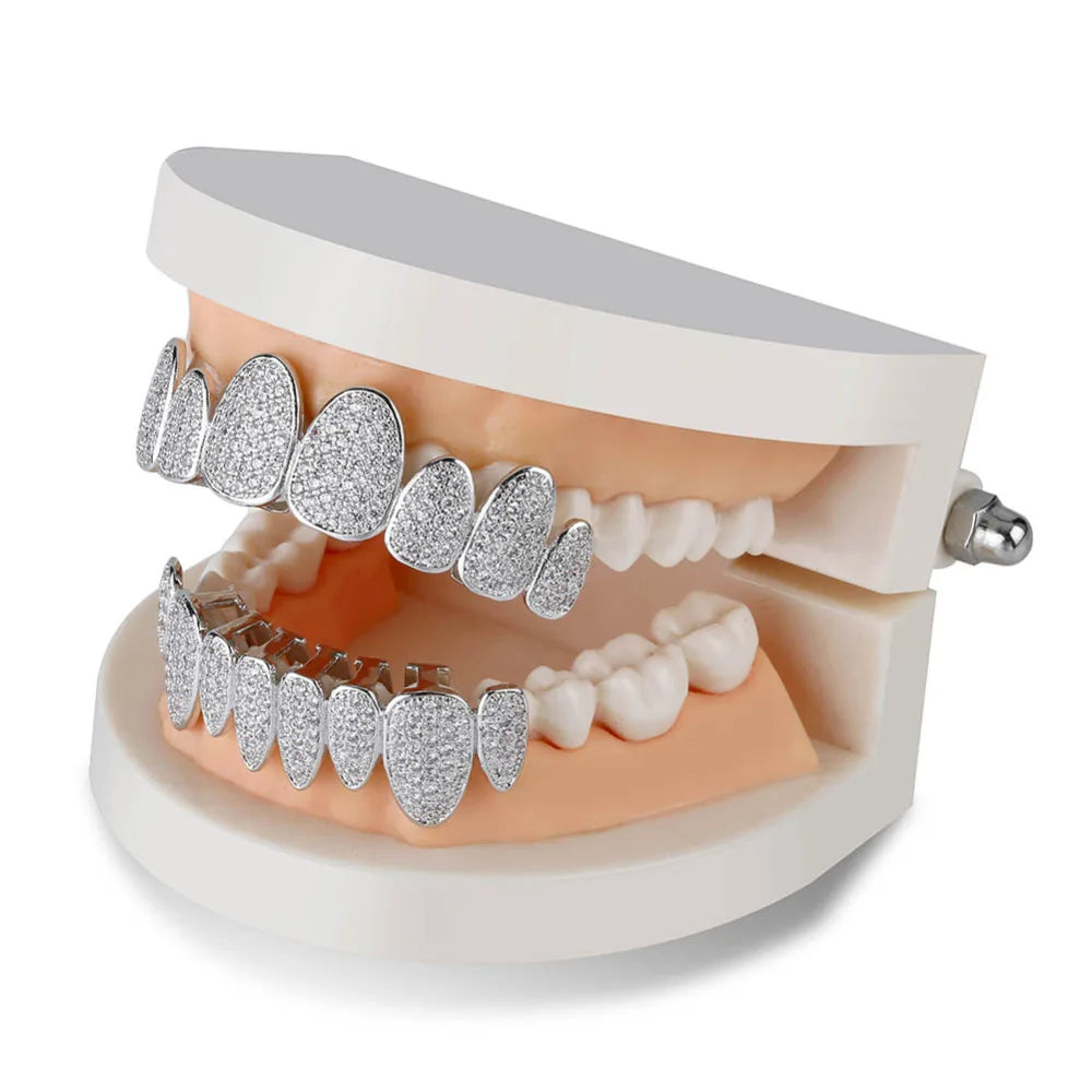 Silver Color Iced Out Gold Grillz Crystal Jewelry Top Bottom Grills 8Teeth Body Jewelry Hip Hop Bling AAA Cubic Zircon Men