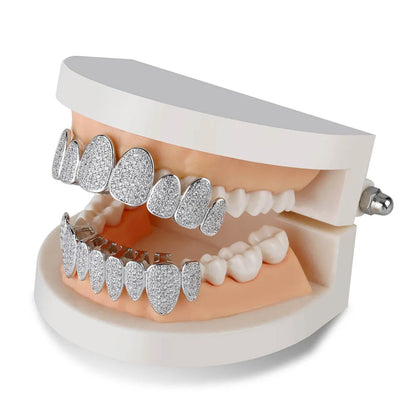Silver Color Iced Out Gold Grillz Crystal Jewelry Top Bottom Grills 8Teeth Body Jewelry Hip Hop Bling AAA Cubic Zircon Men