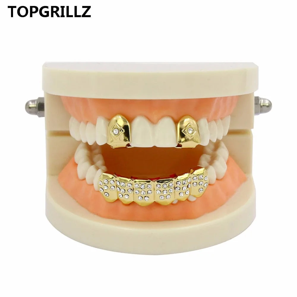 Yellow Gold Color Plated  2 Single Top Teeth Grillz Cap Tooth Grills Two Lines Bottom Hip Hop