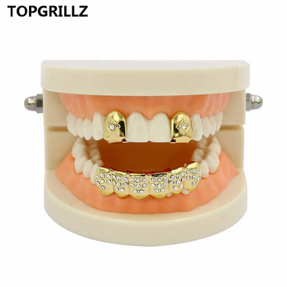 Yellow Gold Color Plated  2 Single Top Teeth Grillz Cap Tooth Grills Two Lines Bottom Hip Hop