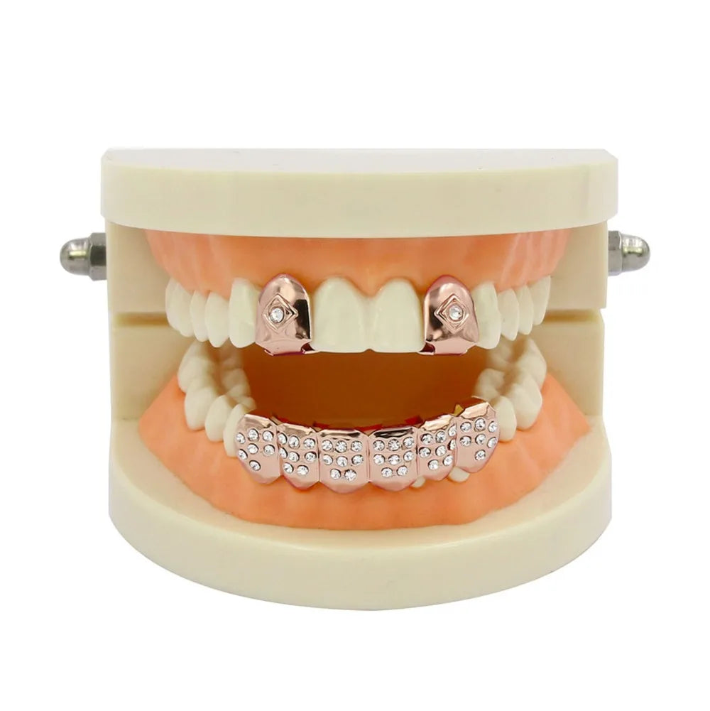 Yellow Gold Color Plated  2 Single Top Teeth Grillz Cap Tooth Grills Two Lines Bottom Hip Hop