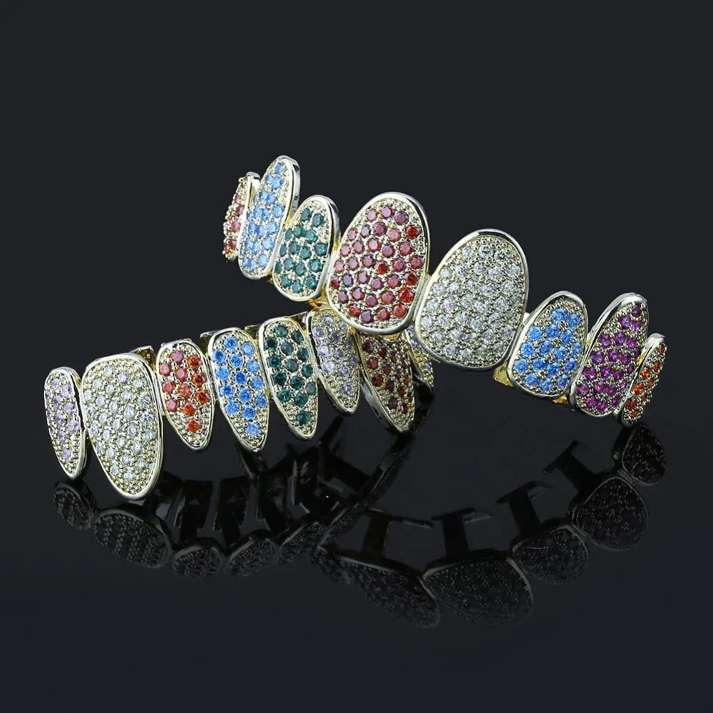 Silver Color Iced Out Gold Grillz Crystal Jewelry Top Bottom Grills 8Teeth Body Jewelry Hip Hop Bling AAA Cubic Zircon Men