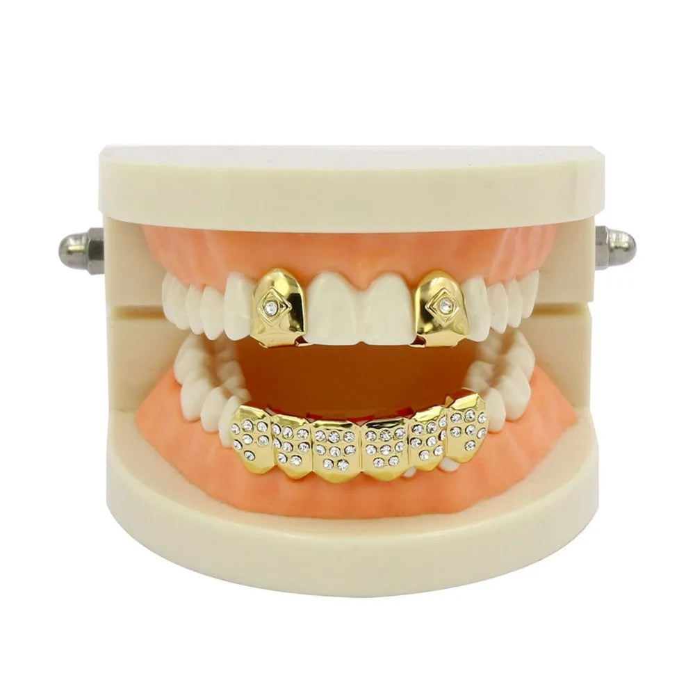 Yellow Gold Color Plated  2 Single Top Teeth Grillz Cap Tooth Grills Two Lines Bottom Hip Hop