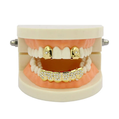 Yellow Gold Color Plated  2 Single Top Teeth Grillz Cap Tooth Grills Two Lines Bottom Hip Hop