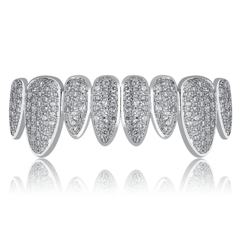 Silver Color Iced Out Gold Grillz Crystal Jewelry Top Bottom Grills 8Teeth Body Jewelry Hip Hop Bling AAA Cubic Zircon Men