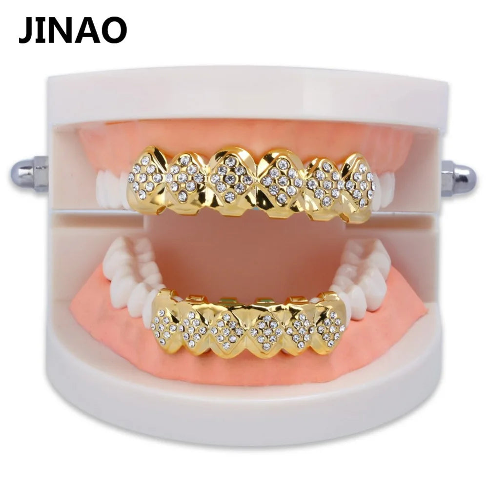 Gold Color Plated Iced Out Crystal Top & Bottom Teeth Grillz With Silicone