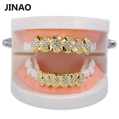 Gold Color Plated Iced Out Crystal Top & Bottom Teeth Grillz With Silicone