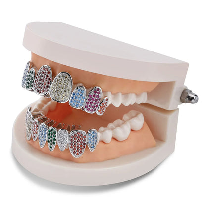 Silver Color Iced Out Gold Grillz Crystal Jewelry Top Bottom Grills 8Teeth Body Jewelry Hip Hop Bling AAA Cubic Zircon Men