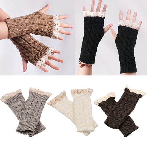 Lace Patchwork Embroidered Gloves  Coldproof Fashion Warm Soild Fingerless Glove