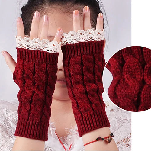 Lace Patchwork Embroidered Gloves  Coldproof Fashion Warm Soild Fingerless Glove