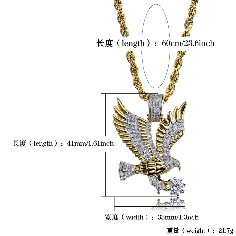 Hip Hop Gold Color Plated Copper Iced Out CZ Eagle Pendant Necklace Charm Franco Chain / 24inch / United States Franco Chain / 20inch / United States 