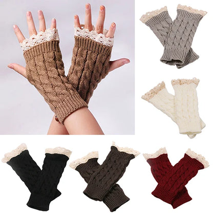 Lace Patchwork Embroidered Gloves  Coldproof Fashion Warm Soild Fingerless Glove