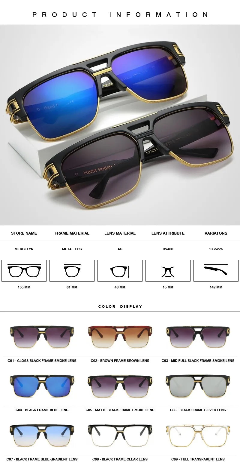 Men Sunglasses Glamour Mirrored Retro Vintage Square Designer Shades Unisex